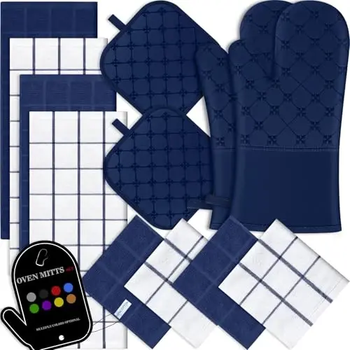 Oven Mitts Oshxona Sochiqlari Idish Yuvish Matolari Qozon Tutqichlari To'plamlari 12PCS, Idish Sochiqlari To'plamlari, Pech Qo'lqoplari Qozon Tagliklari Issiqlikka Chidamli 500 Daraja Sirpanmaydigan Silikon Yuzali Pishirish Grilda Pishirish-Dengiz Ko'k - MODAZONE