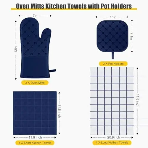 Oven Mitts Oshxona Sochiqlari Idish Yuvish Matolari Qozon Tutqichlari To'plamlari 12PCS, Idish Sochiqlari To'plamlari, Pech Qo'lqoplari Qozon Tagliklari Issiqlikka Chidamli 500 Daraja Sirpanmaydigan Silikon Yuzali Pishirish Grilda Pishirish-Dengiz Ko'k - 2
