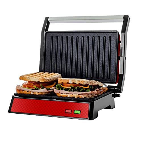 OVENTE Elektrik Panini Press Sandwich Maker bilan yopishqoq qoplamali plastinka bilan, Har qanday tur va o‘lchamdagi oziq-ovqatlar uchun 180 darajaga ochiladi, Quesadilla, Burger va boshqalar uchun 1000Vt yopiq Grill mukammal, Qizil GP0620R - 1