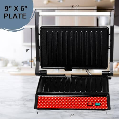 OVENTE Elektrik Panini Press Sandwich Maker bilan yopishqoq qoplamali plastinka bilan, Har qanday tur va o‘lchamdagi oziq-ovqatlar uchun 180 darajaga ochiladi, Quesadilla, Burger va boshqalar uchun 1000Vt yopiq Grill mukammal, Qizil GP0620R - 5