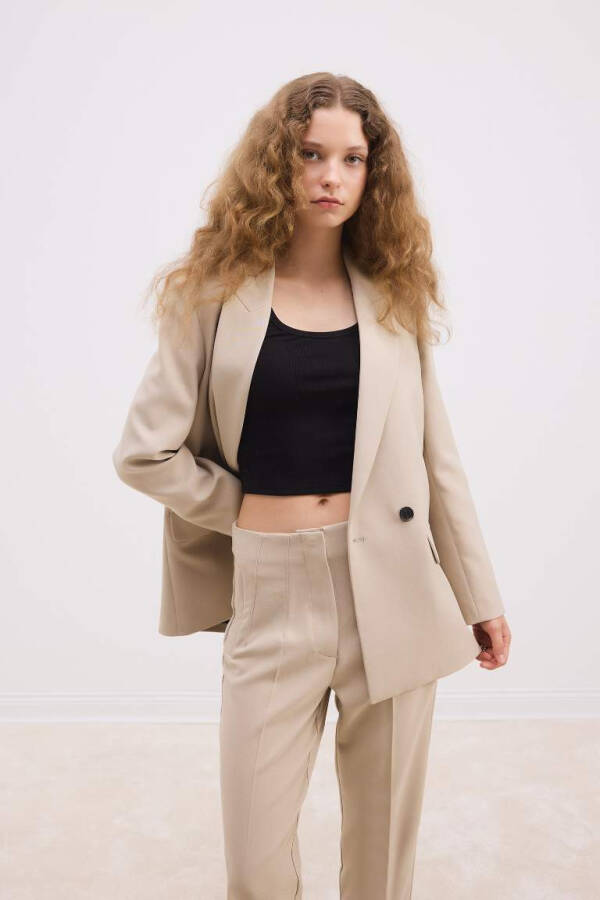 Over sayz boʻsh shaklat Yaka tugmachali Asoosiy tekis Blazer shaklat Bej - 2