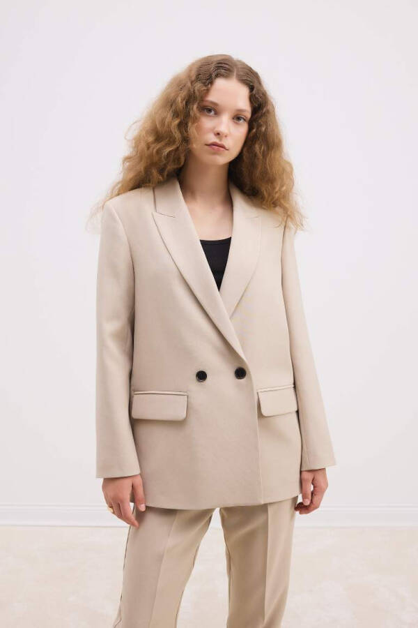 Over sayz boʻsh shaklat Yaka tugmachali Asoosiy tekis Blazer shaklat Bej - 10