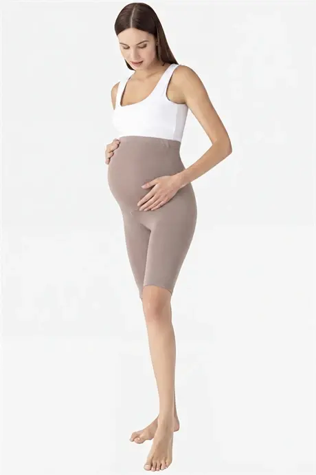 Over the Knee Biker Flexible Adjustable Waist Short Maternity Leggings Mink - 4