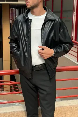 Overfit, Elastic Waistband, Shirt Collar, Zippered, Snap Button Cuffs, Leather Jacket 24USEC04 - 1