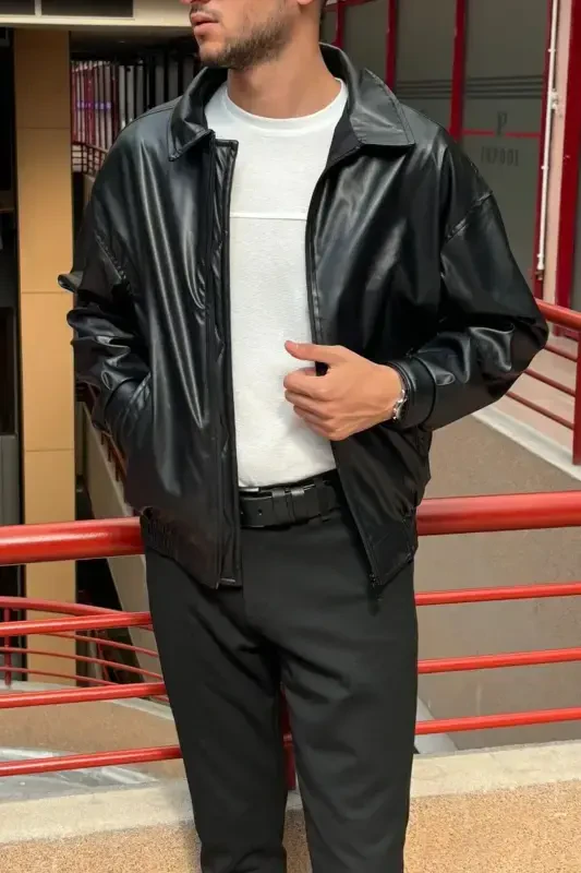 Overfit, Elastic Waistband, Shirt Collar, Zippered, Snap Button Cuffs, Leather Jacket 24USEC04 - INPOOL