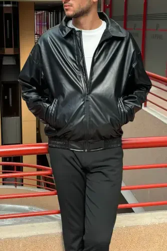 Overfit, Elastic Waistband, Shirt Collar, Zippered, Snap Button Cuffs, Leather Jacket 24USEC04 - 3