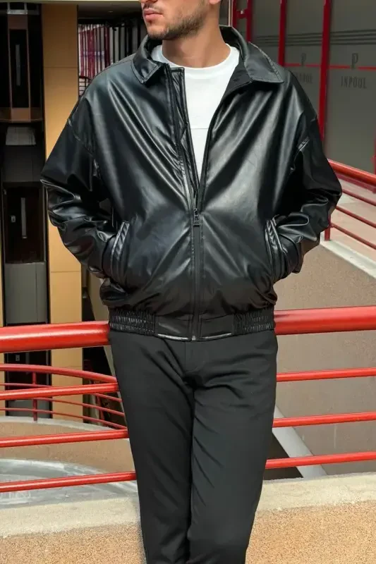 Overfit, Elastic Waistband, Shirt Collar, Zippered, Snap Button Cuffs, Leather Jacket 24USEC04 - 3