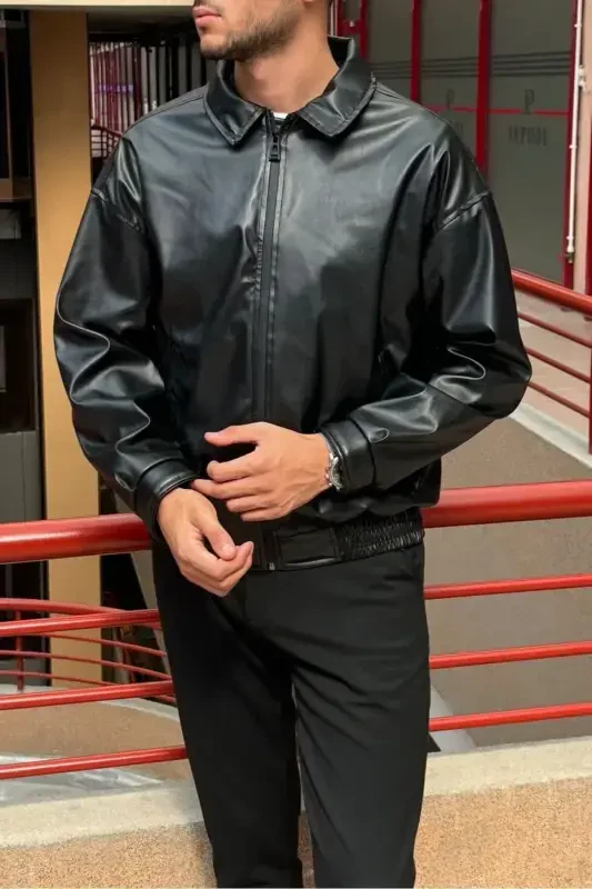 Overfit, Elastic Waistband, Shirt Collar, Zippered, Snap Button Cuffs, Leather Jacket 24USEC04 - 4