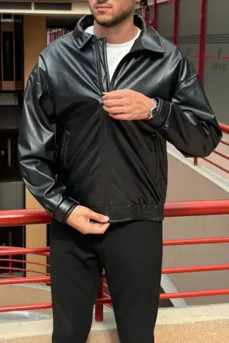 Overfit, Elastic Waistband, Shirt Collar, Zippered, Snap Button Cuffs, Leather Jacket 24USEC04 - 5