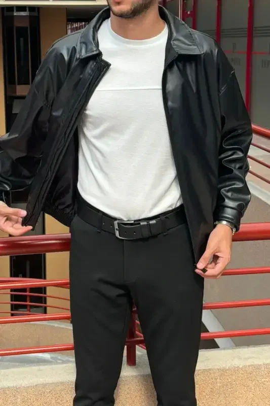 Overfit, Elastic Waistband, Shirt Collar, Zippered, Snap Button Cuffs, Leather Jacket 24USEC04 - 6