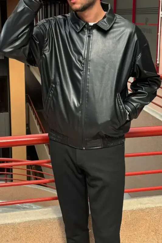 Overfit, Elastic Waistband, Shirt Collar, Zippered, Snap Button Cuffs, Leather Jacket 24USEC04 - 7