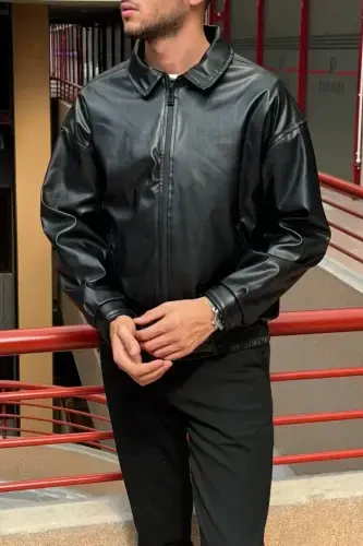 Overfit, Elastic Waistband, Shirt Collar, Zippered, Snap Button Cuffs, Leather Jacket 24USEC04 - 8