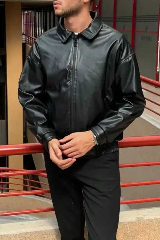Overfit, Elastic Waistband, Shirt Collar, Zippered, Snap Button Cuffs, Leather Jacket 24USEC04 - 8