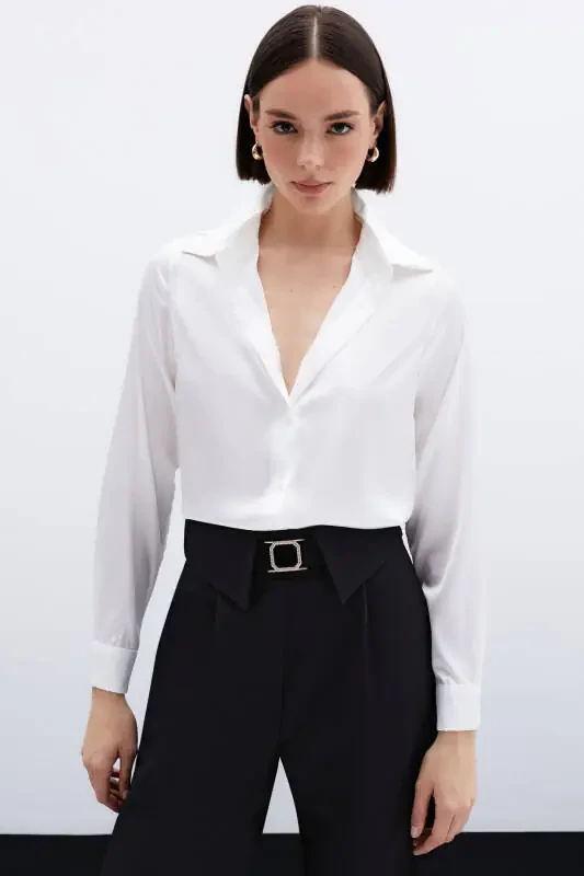 Оверсайз атласная рубашка - Экру - 1