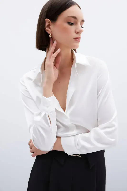 Оверсайз атласная рубашка - Экру - 5