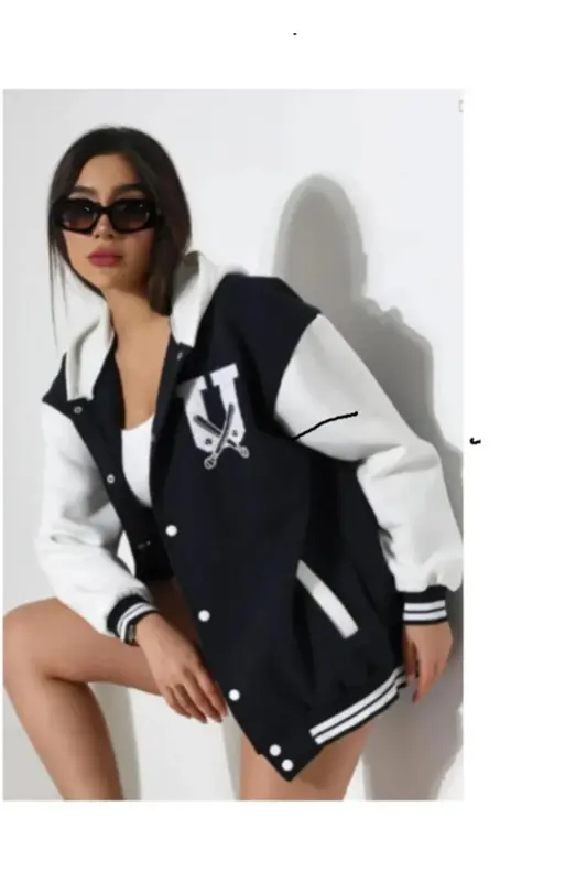 Oversize 3 Iplik Kışlık Kalın Nakışlı Ceket - lacivert5 - 1