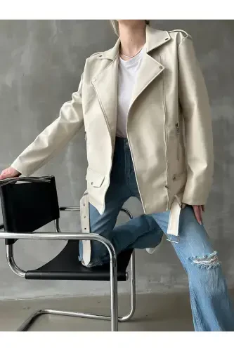 Oversize ayollar uzun biker charm terisi kurtka-krem - BUQRE'S MODA (1)