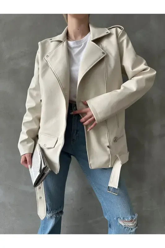 Oversize ayollar uzun biker charm terisi kurtka-krem - 3