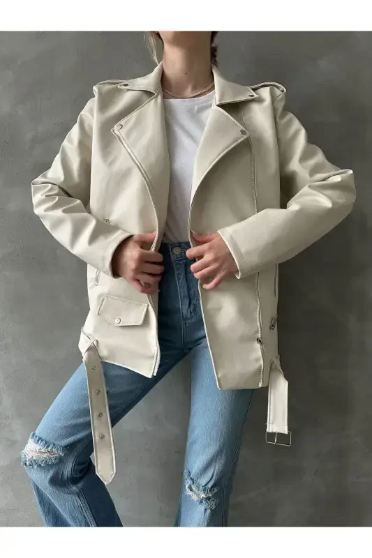 Oversize ayollar uzun biker charm terisi kurtka-krem - 5