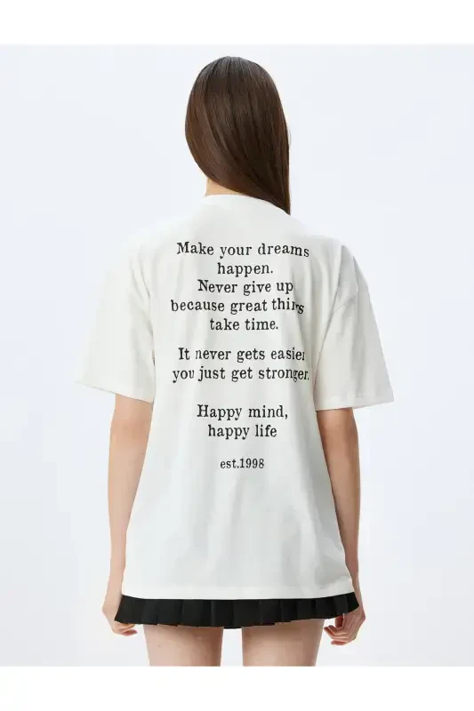 Oversize Back Printed Ecru Women's T-Shirt 5SAL10066IK - 4