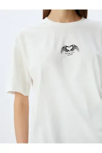 Oversize Back Printed Ecru Women's T-Shirt 5SAL10066IK - 5