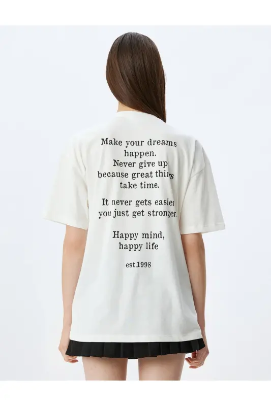 Oversize Back Printed Ecru Women's T-Shirt 5SAL10066IK - 4