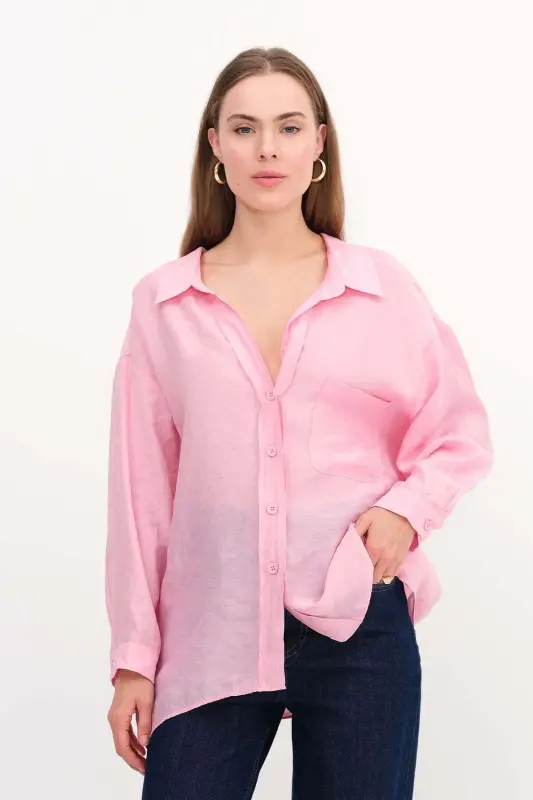 Oversize Basic Gömlek G4612-Z2 - Pembe - 1