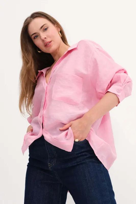 Oversize Basic Gömlek G4612-Z2 - Pembe - 4