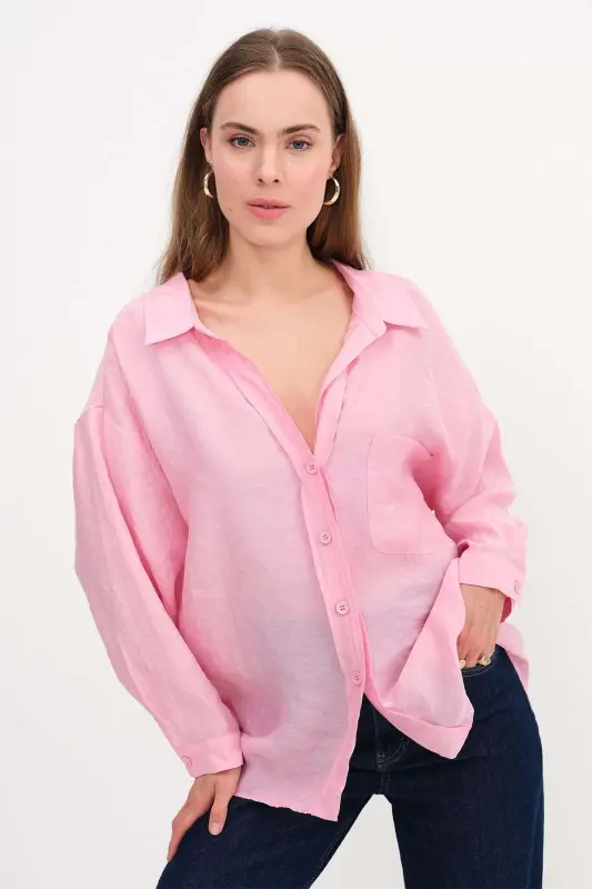 Oversize Basic Gömlek G4612-Z2 - Pembe - 5