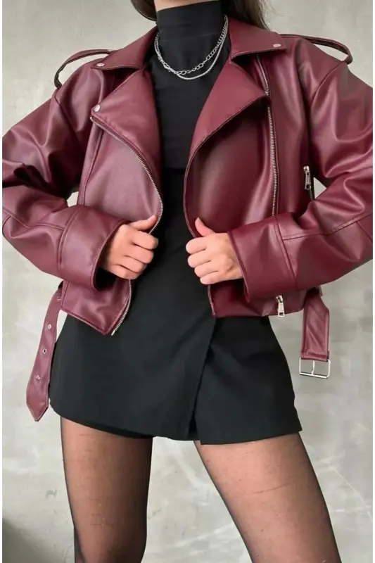 Oversize Belted Leather Style Jacket - Burgundy - 1