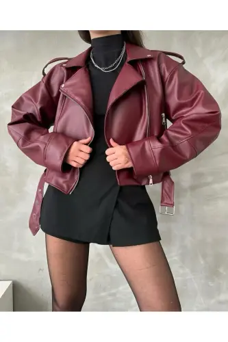Oversize Belted Leather Style Jacket - Burgundy - 3