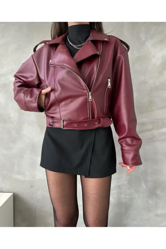 Oversize Belted Leather Style Jacket - Burgundy - 5