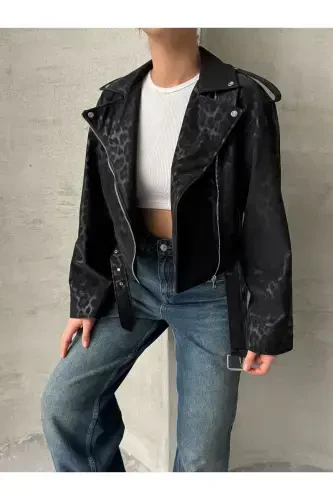 Oversize Belted Leather Style Leopard Jacket-black - 1