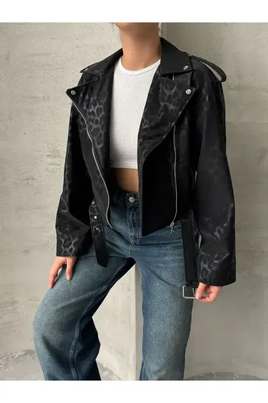 Oversize Belted Leather Style Leopard Jacket-black - 1
