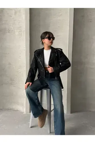 Oversize Belted Leather Style Leopard Jacket-black - MEECY (1)