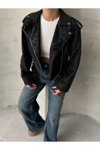 Oversize Belted Leather Style Leopard Jacket-black - 4