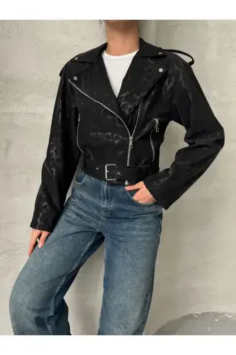 Oversize Belted Leather Style Leopard Jacket-black - 5