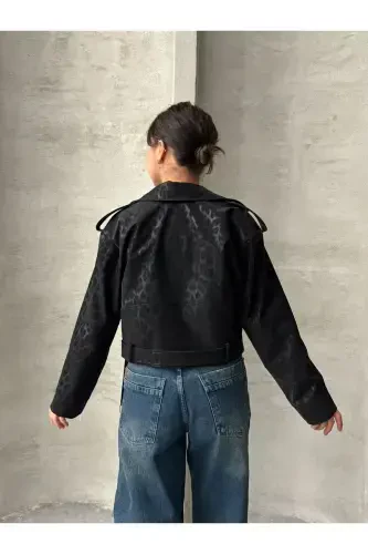 Oversize Belted Leather Style Leopard Jacket-black - 7