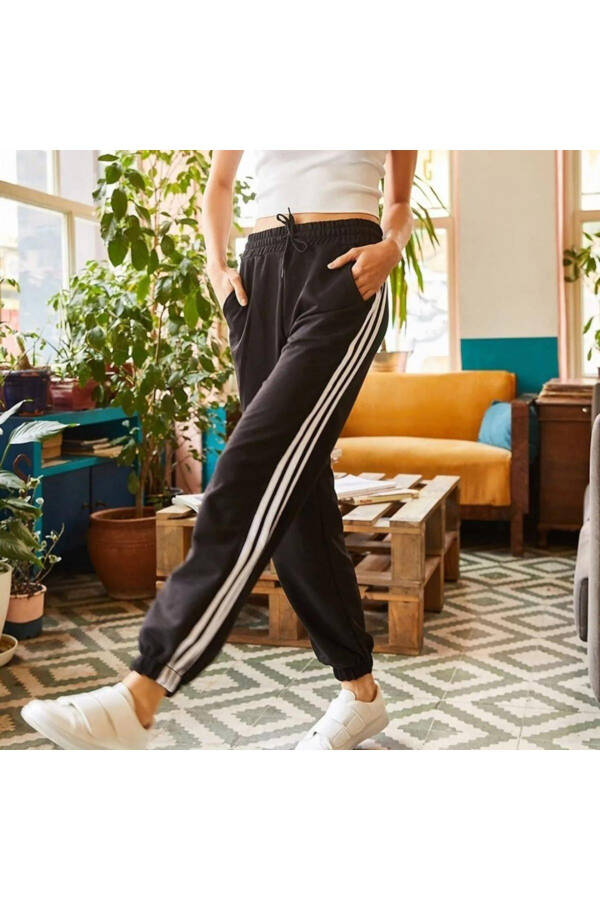 Oversize Black Line Basic Drawstring and Elastic Cuffed Striped Plain Sweatpants - Black - 1