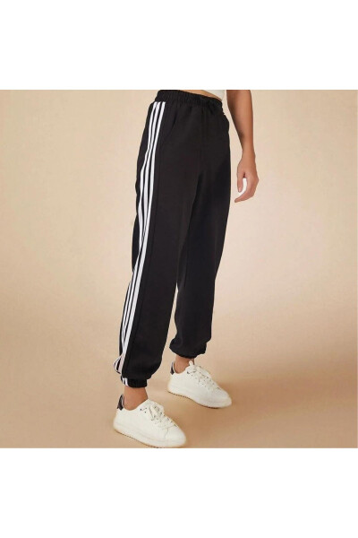 Oversize Black Line Basic Drawstring and Elastic Cuffed Striped Plain Sweatpants - Black - 2