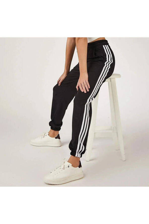 Oversize Black Line Basic Drawstring and Elastic Cuffed Striped Plain Sweatpants - Black - 3