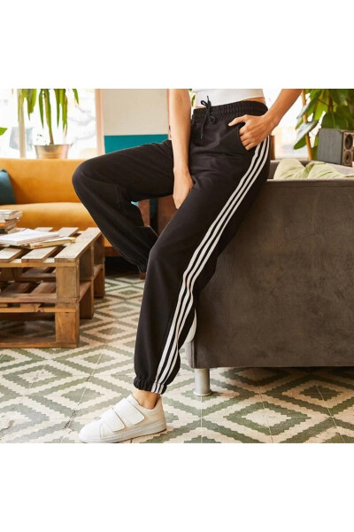 Oversize Black Line Basic Drawstring and Elastic Cuffed Striped Plain Sweatpants - Black - 4