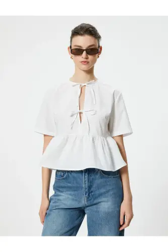 Oversize Blouse Bow Tie Detailed Short Sleeve Round - 3