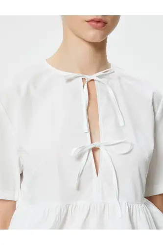 Oversize Blouse Bow Tie Detailed Short Sleeve Round - 5