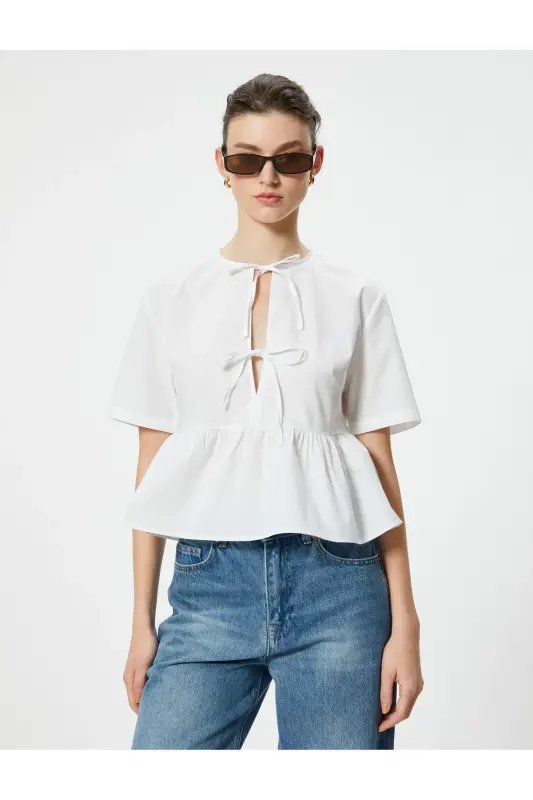 Oversize Bluz Fiyonk Bağlama Detaylı Kısa Kollu Yuvarlak Yaka Pamuklu - 3