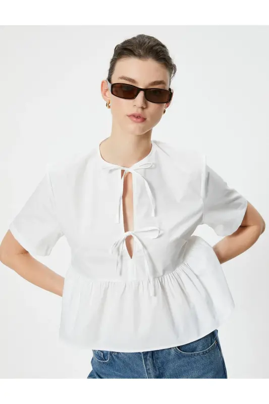 Oversize Bluz Fiyonk Bağlama Detaylı Kısa Kollu Yu - 2