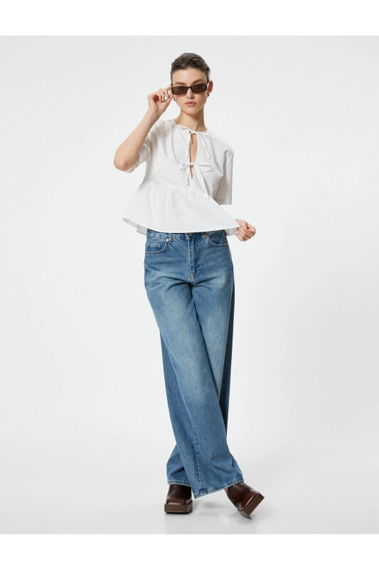 Oversize Блузка Короткий Рукав с Деталями в Виде Бантов - KOTON