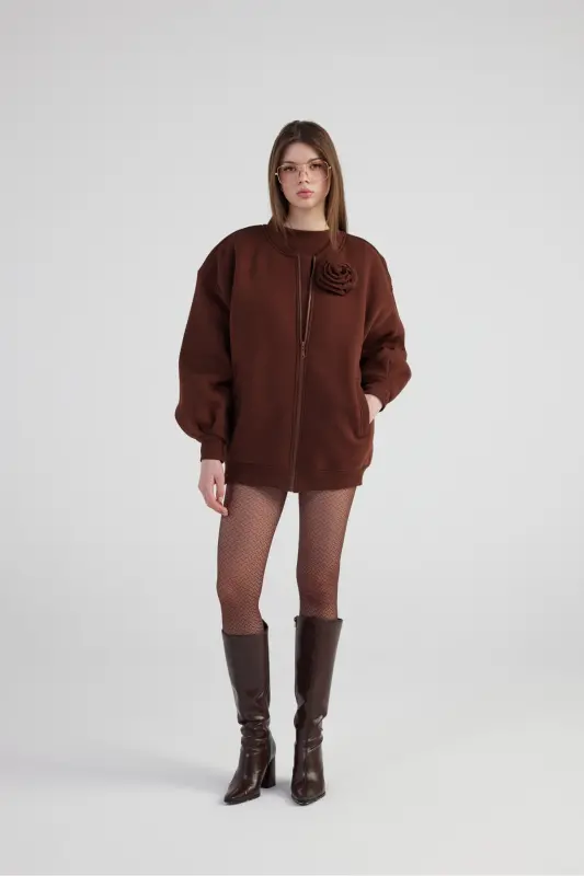 Oversize Çıkarılabilir Gül Detaylı Astarlı Alexa Bomber Ceket Kahve - Kahve - 2
