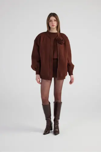 Oversize Çıkarılabilir Gül Detaylı Astarlı Alexa Bomber Ceket Kahve - Kahve - 6