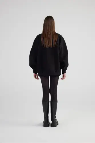 Oversize Çıkarılabilir Gül Detaylı Astarlı Alexa Bomber Ceket Siyah-Siyah - 5